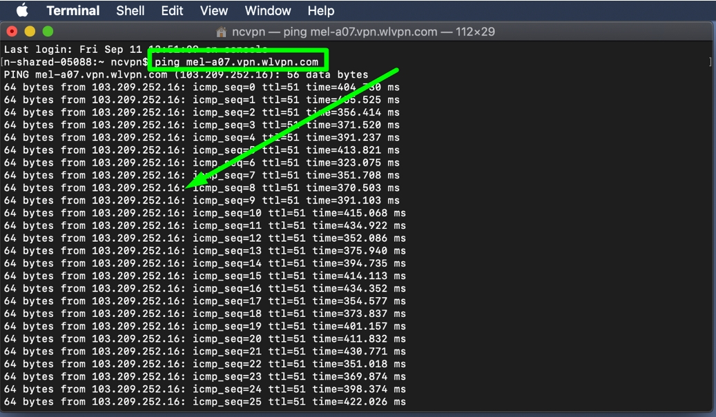 Screenshot of the VPN terminal window with green arrow indicating to ping a server